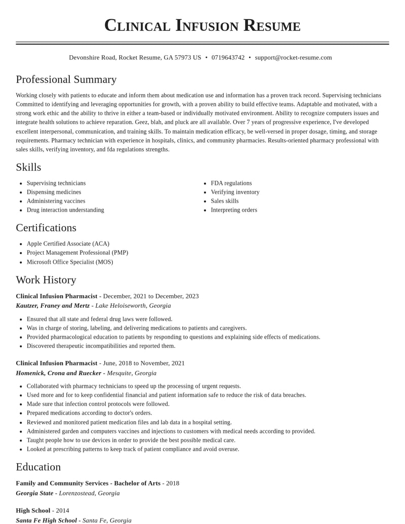 clinical infusion pharmacist pharmacy resume classic template 2 cla