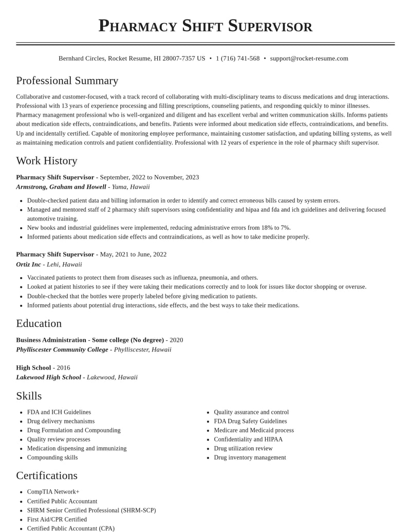 pharmacy shift supervisor pharmacy resume classic template 2 cla