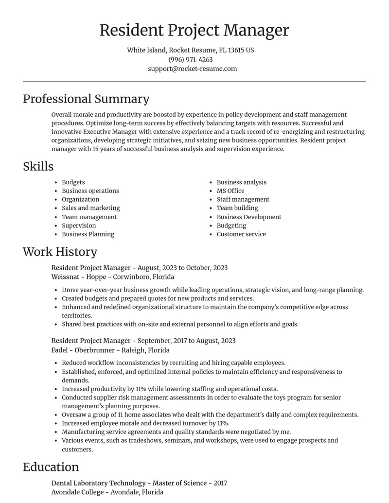 resident project manager real estate resume focal point template 2 foc