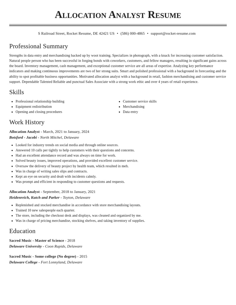 allocation analyst retail resume classic template 2 cla