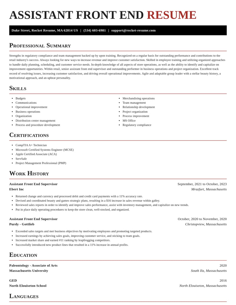assistant front end supervisor retail resume exquisite template 2 exq