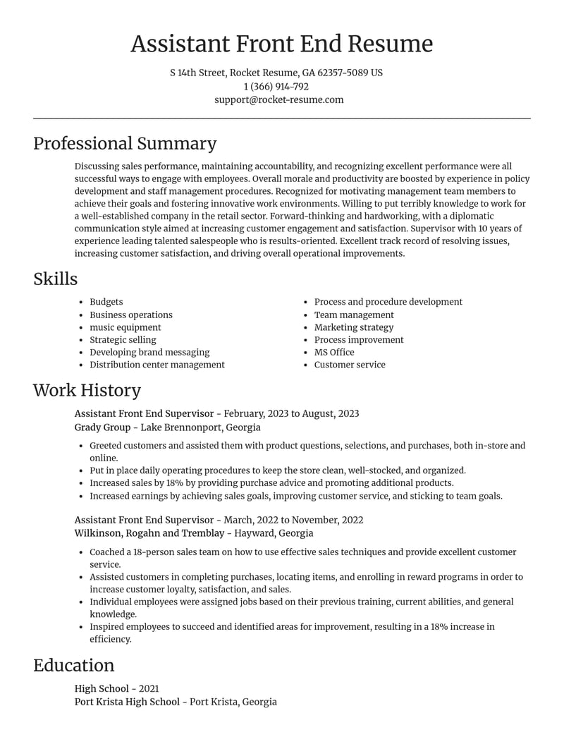 assistant front end supervisor retail resume focal point template 2 foc