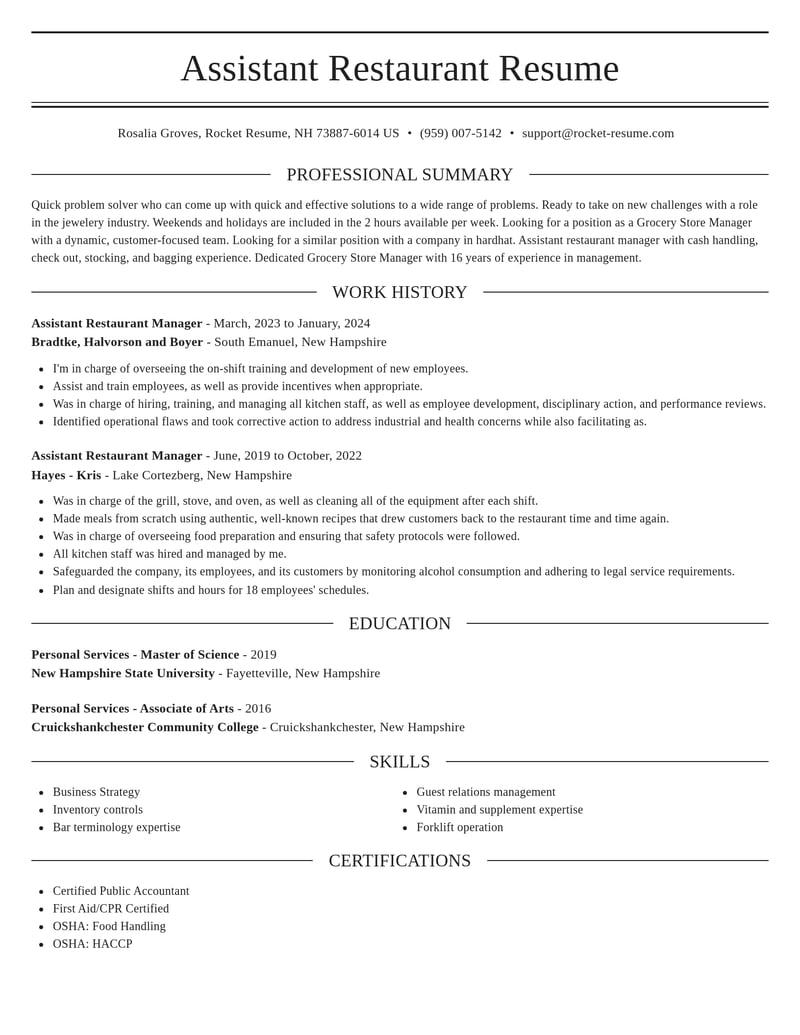 assistant restaurant manager retail resume elegant template 1 ele