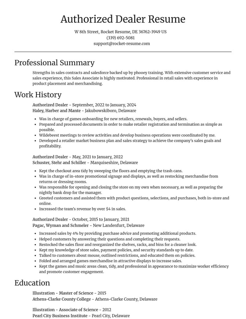 authorized dealer retail resume focal point template 2 foc