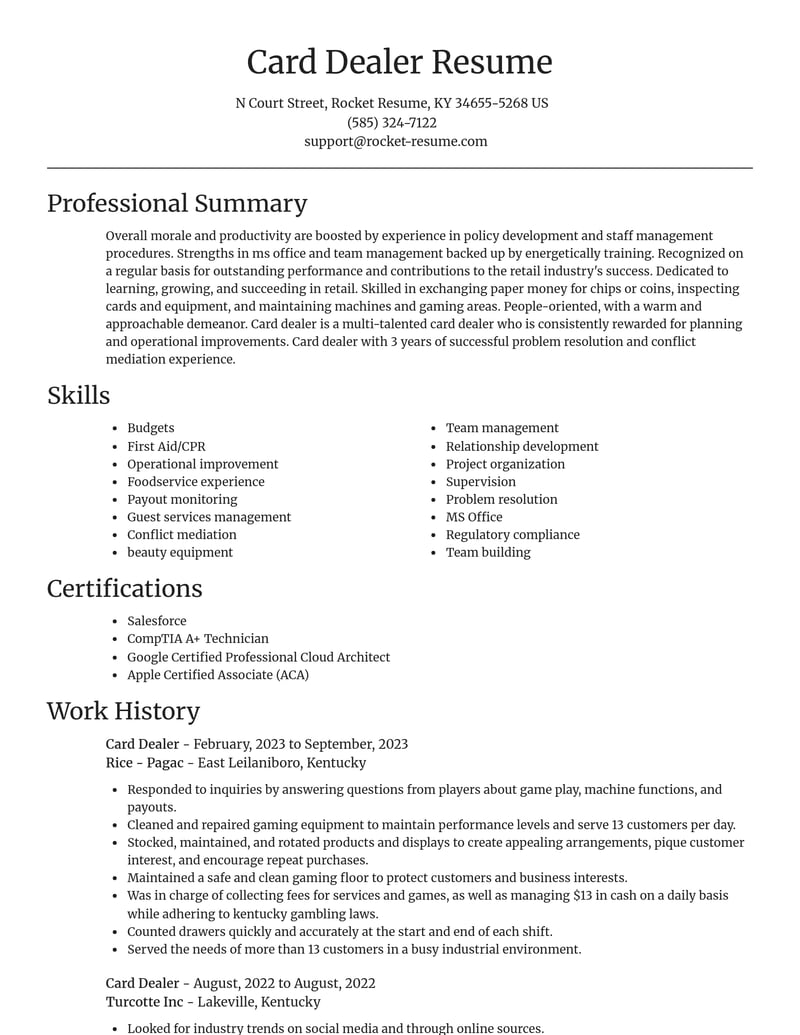 card dealer retail resume focal point template 2 foc