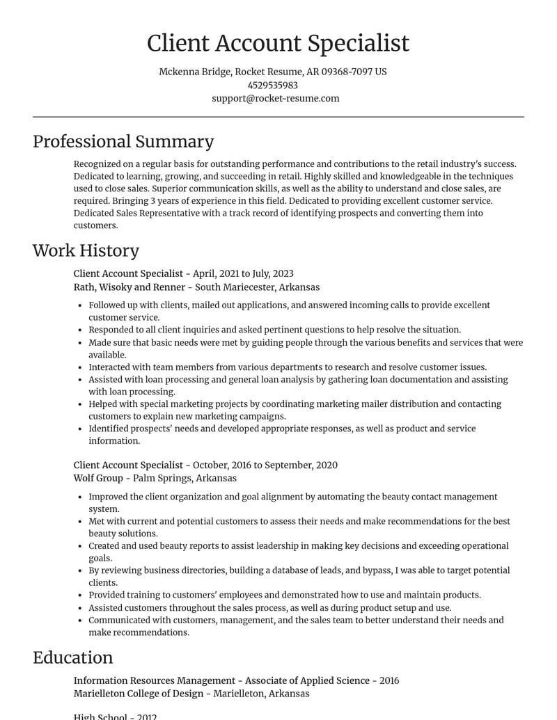 client account specialist retail resume focal point template 1 foc