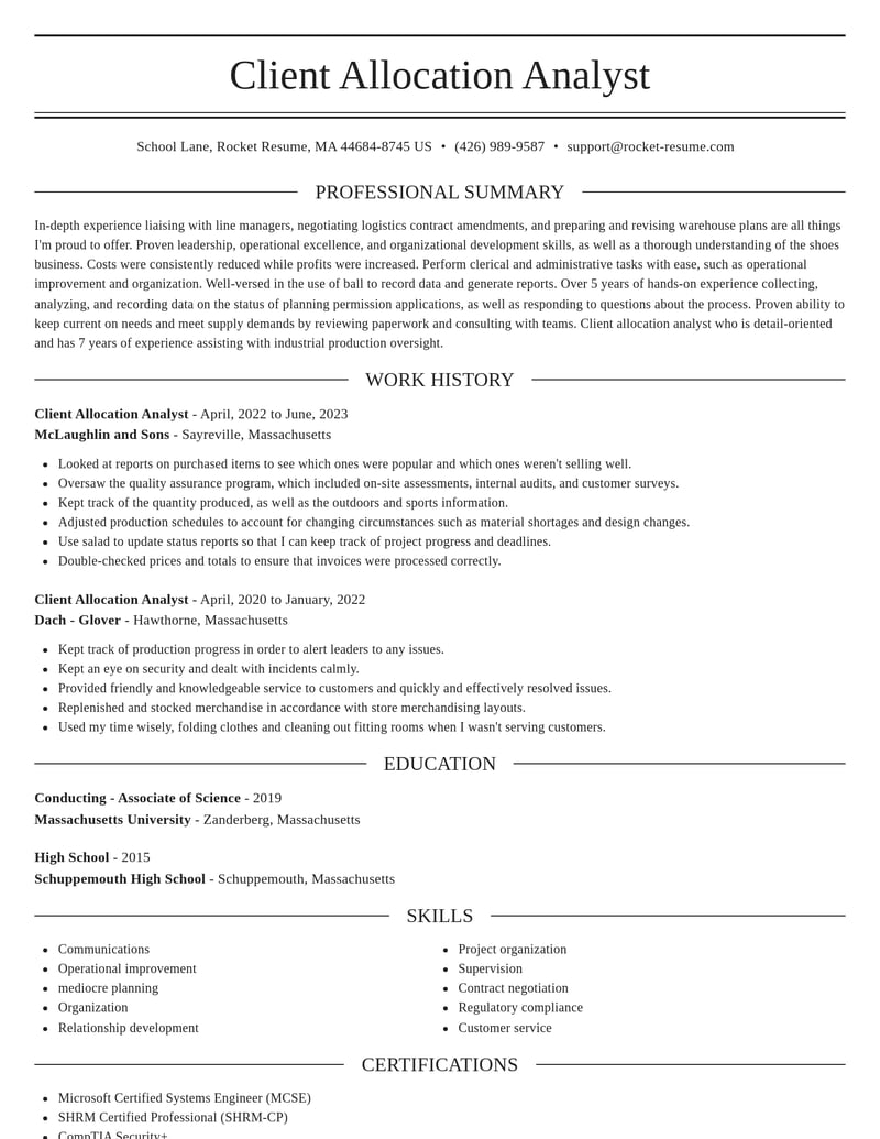 client allocation analyst retail resume elegant template 2 ele