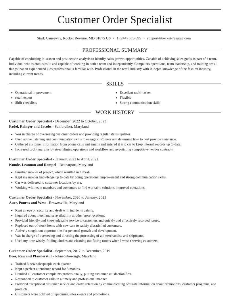 customer order specialist retail resume elegant template 2 ele