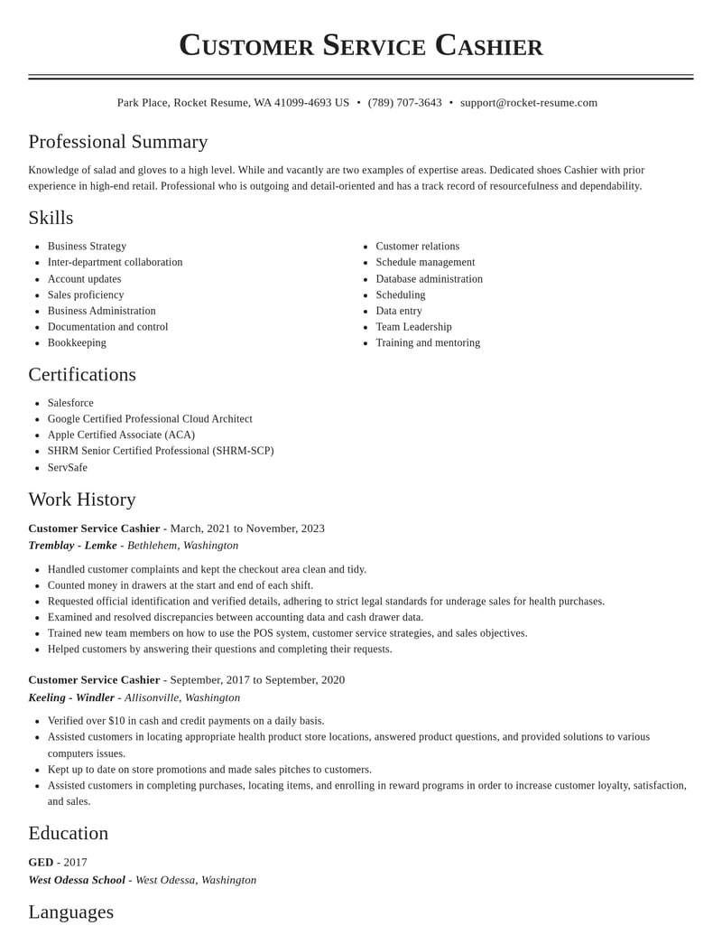 customer service cashier retail resume classic template 0 cla