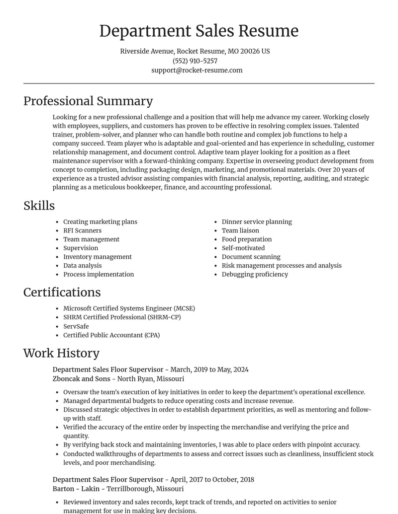 department sales floor supervisor retail resume focal point template 2 foc