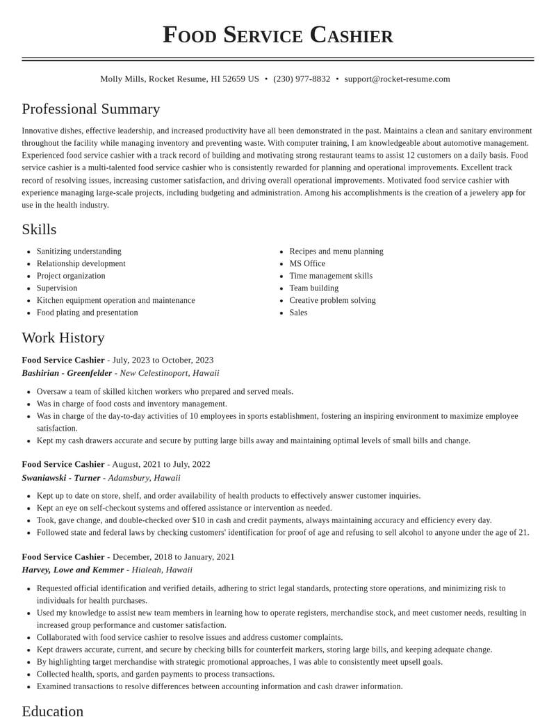 food service cashier retail resume classic template 1 cla