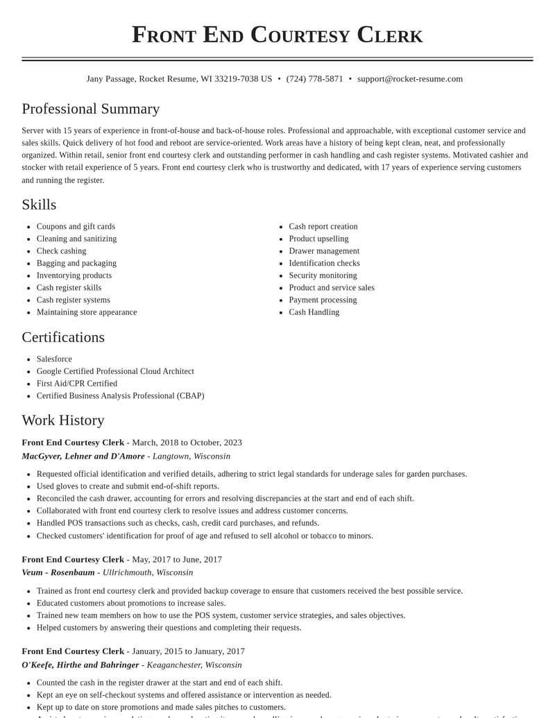 front end courtesy clerk retail resume classic template 1 cla