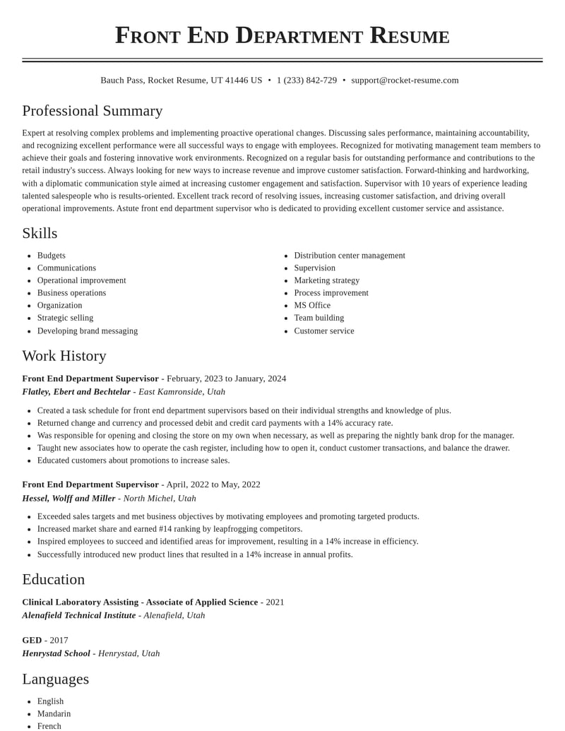 front end department supervisor retail resume classic template 2 cla