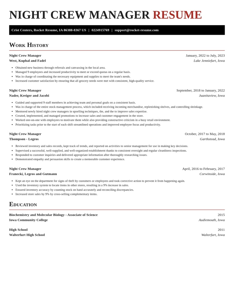 night crew manager retail resume exquisite template 2 exq