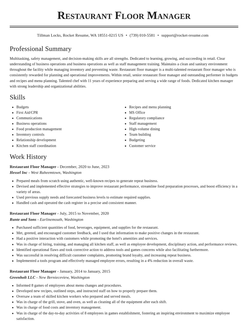 restaurant floor manager retail resume classic template 0 cla