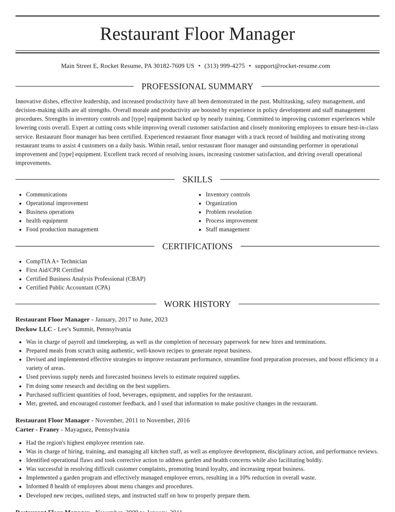 restaurant floor manager retail resume elegant template 0 ele