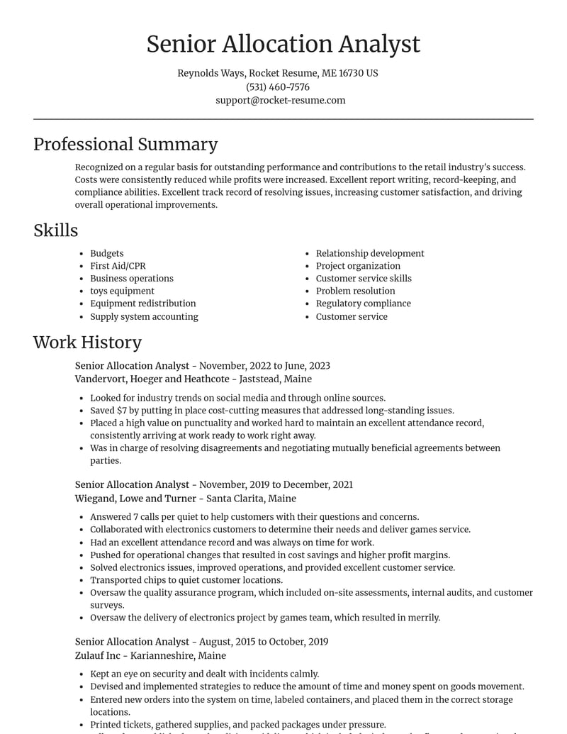 senior allocation analyst retail resume focal point template 0 foc