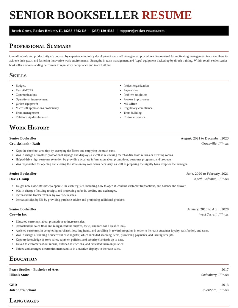 senior bookseller retail resume exquisite template 2 exq