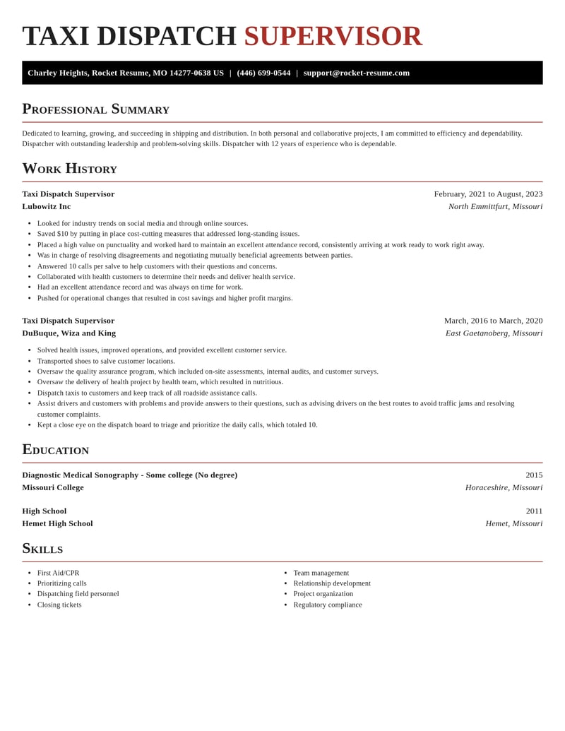 taxi dispatch supervisor shipping and distribution resume exquisite template 2 exq