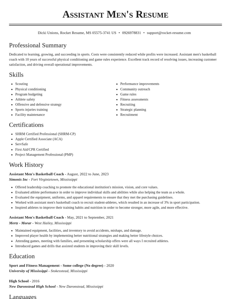 assistant mens basketball coach sports resume classic template 1 cla