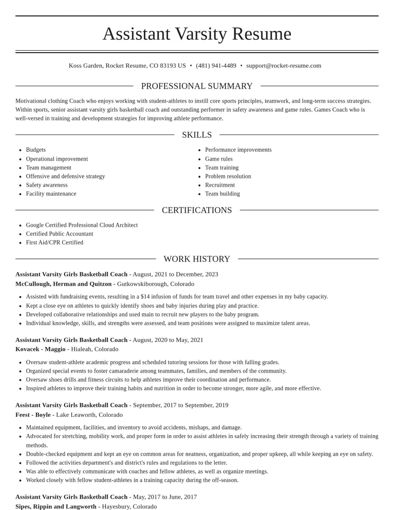 assistant varsity girls basketball coach sports resume elegant template 1 ele