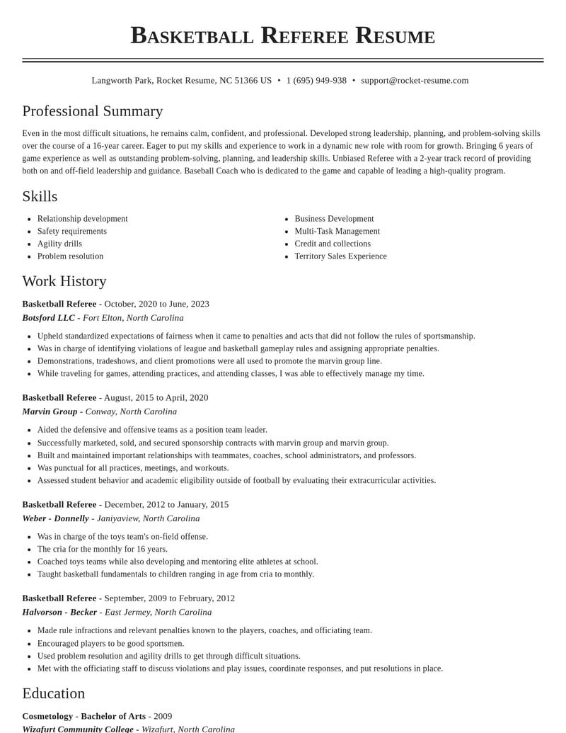 basketball referee sports resume classic template 1 cla