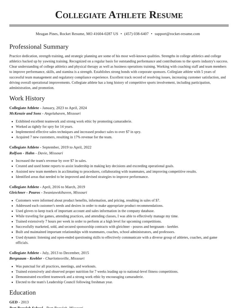 collegiate athlete sports resume classic template 2 cla