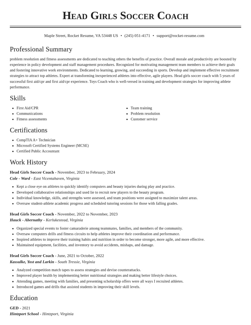 head girls soccer coach sports resume classic template 1 cla