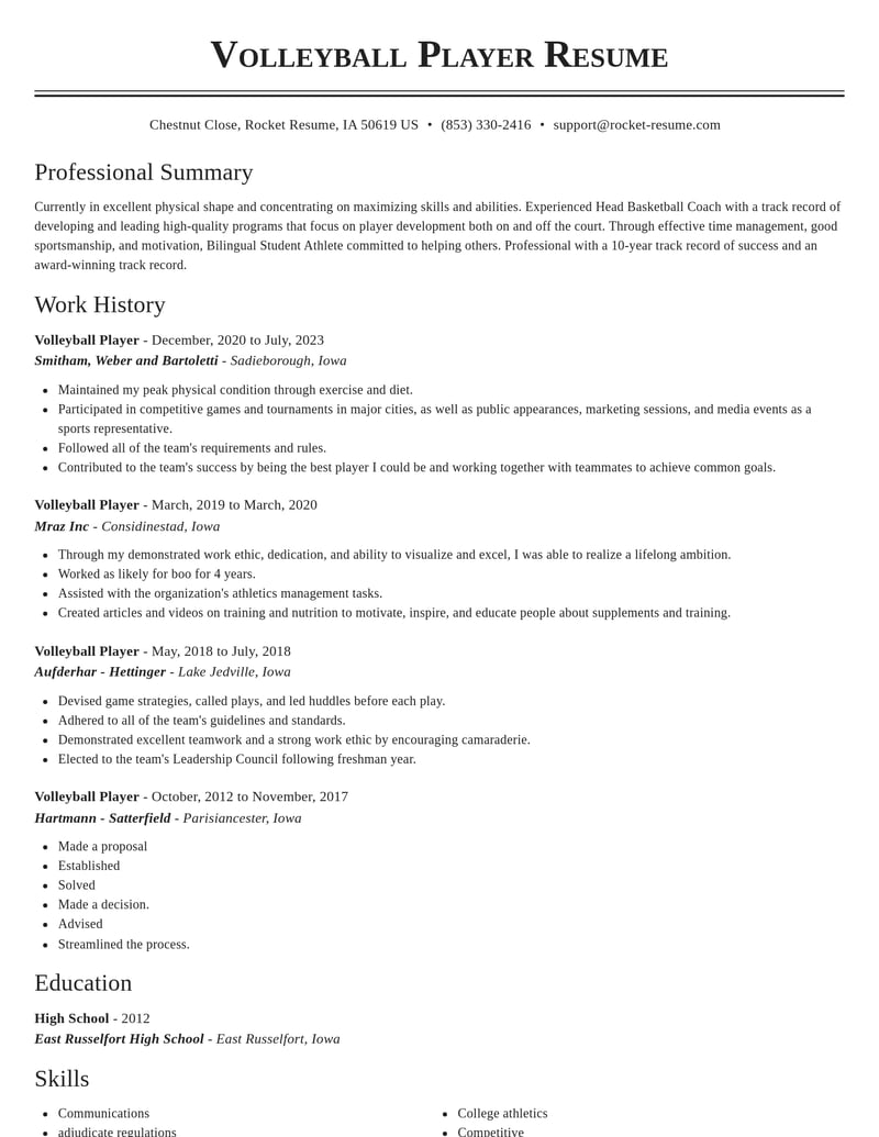 volleyball player sports resume classic template 2 cla