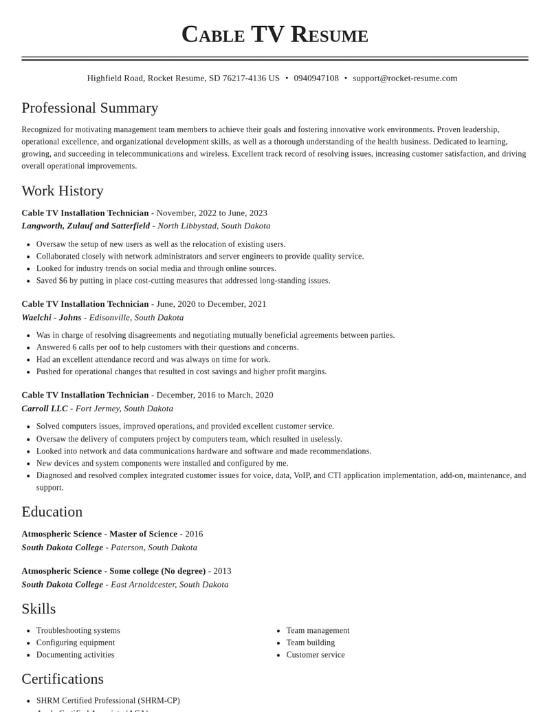 cable tv installation technician telecommunications and wireless resume classic template 1 cla