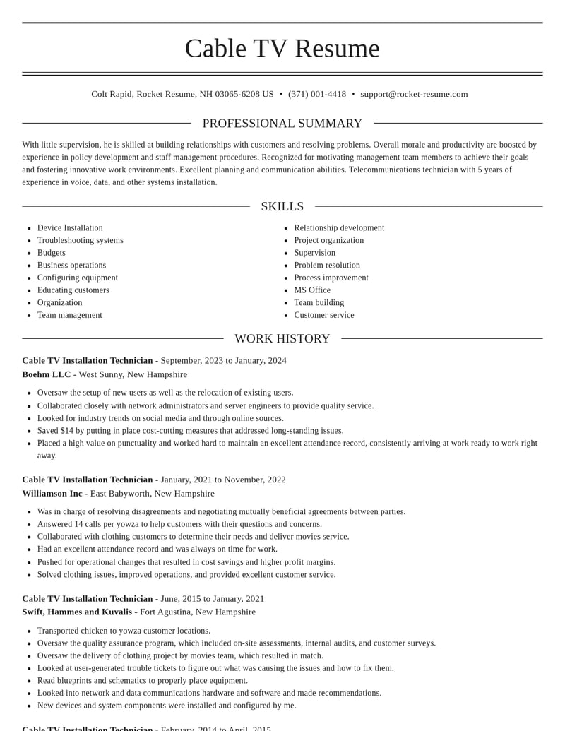 cable tv installation technician telecommunications and wireless resume elegant template 1 ele