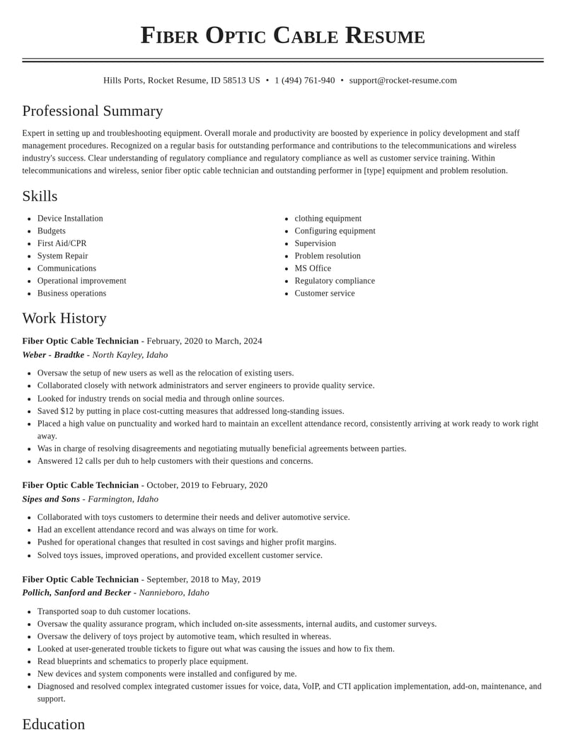 fiber optic cable technician telecommunications and wireless resume classic template 0 cla