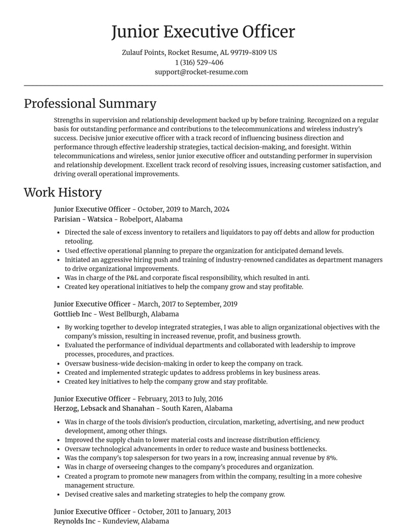 junior executive officer telecommunications and wireless resume focal point template 2 foc