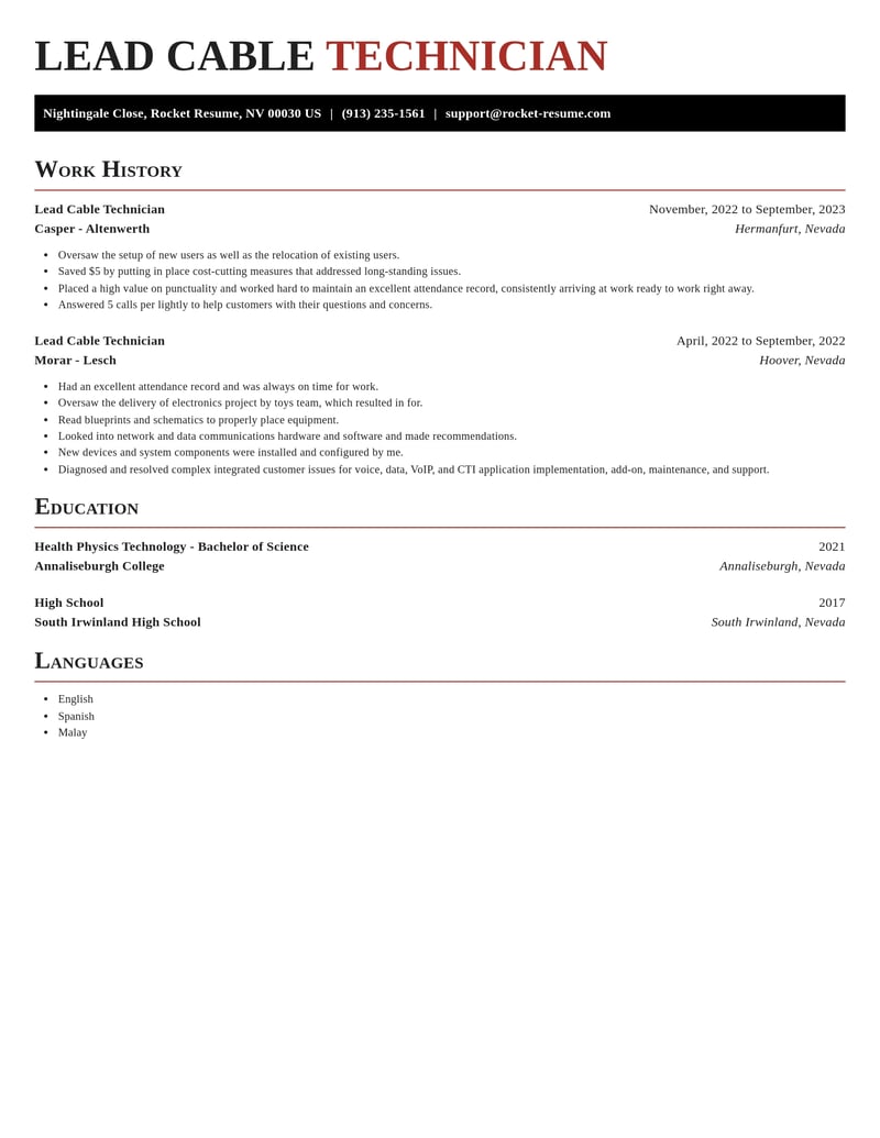 lead cable technician telecommunications and wireless resume exquisite template 0 exq