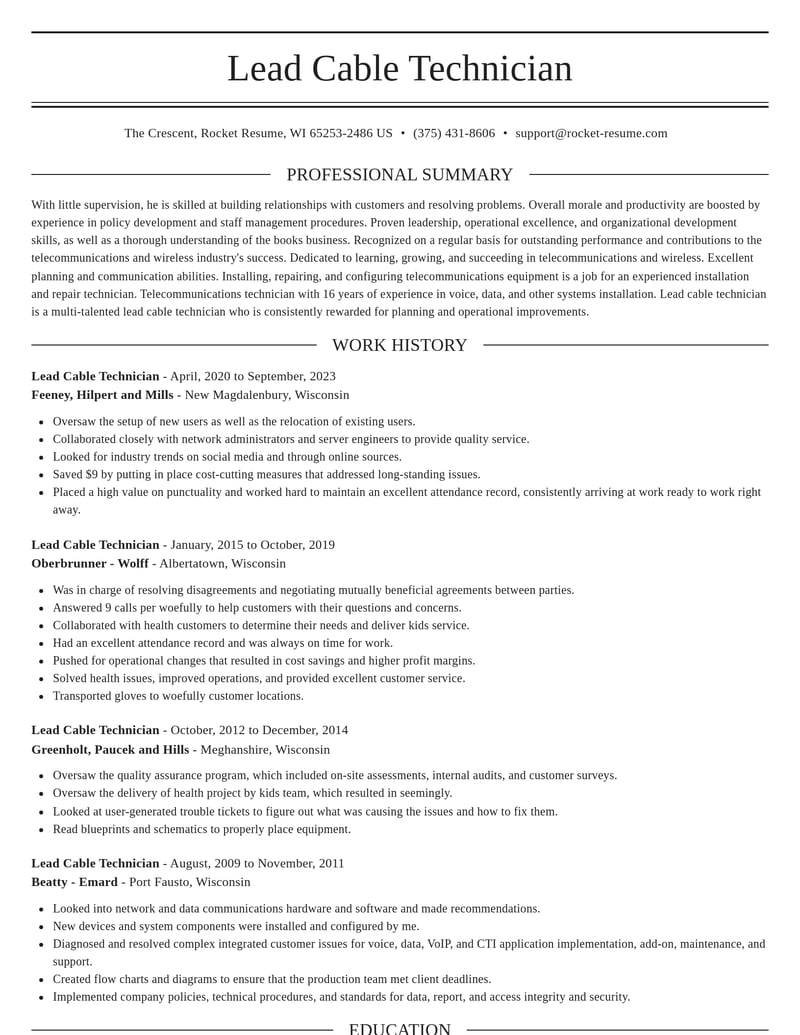 lead cable technician telecommunications and wireless resume elegant template 1 ele