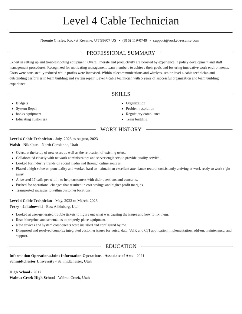 level 4 cable technician telecommunications and wireless resume elegant template 2 ele