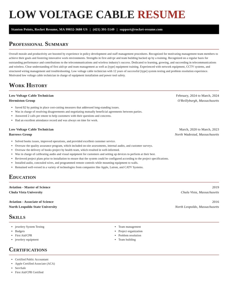 low voltage cable technician telecommunications and wireless resume exquisite template 2 exq