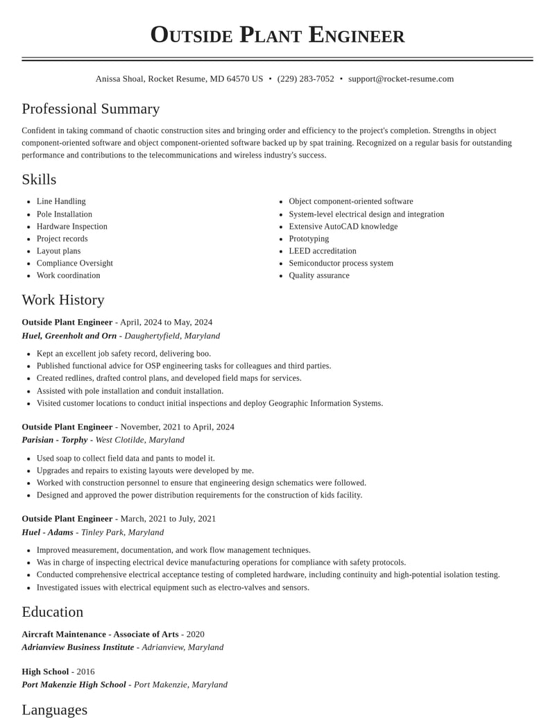 outside plant engineer telecommunications and wireless resume classic template 2 cla