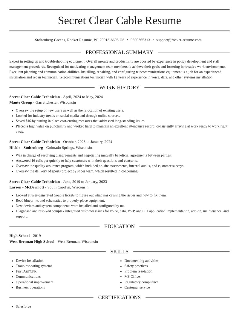 secret clear cable technician telecommunications and wireless resume elegant template 0 ele