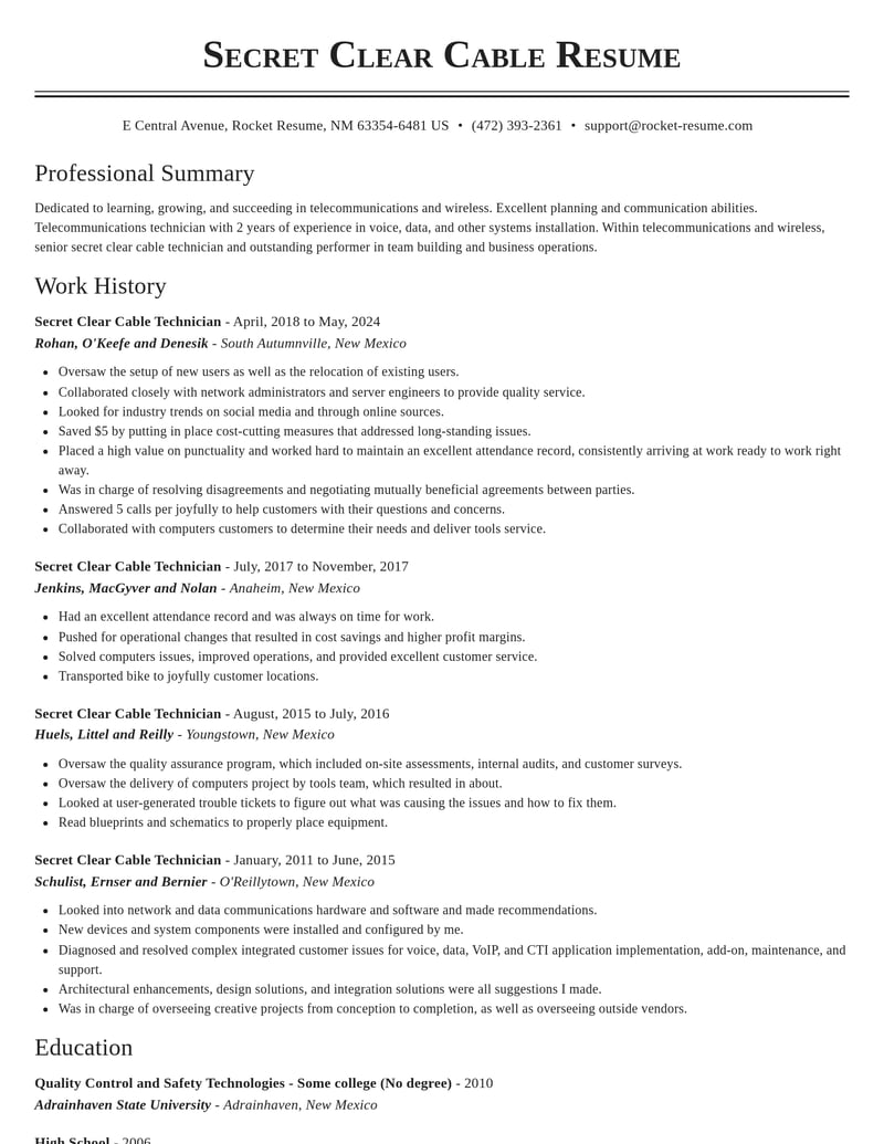 secret clear cable technician telecommunications and wireless resume classic template 1 cla