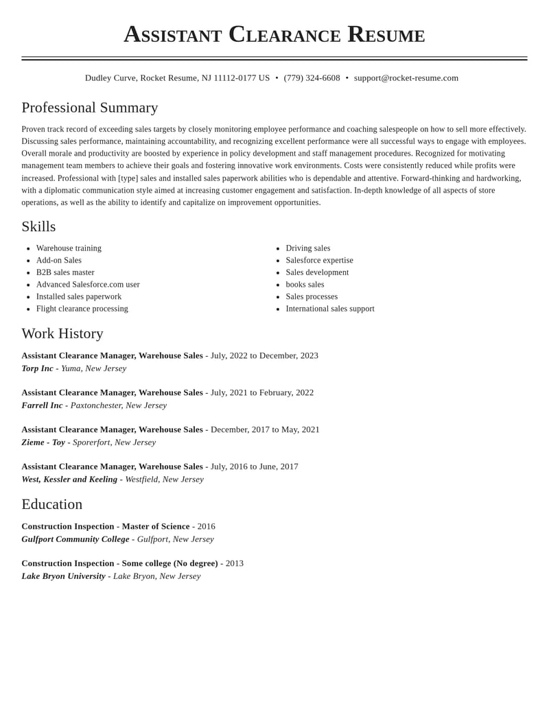 assistant clearance manager warehouse sales transportation resume classic template 2 cla