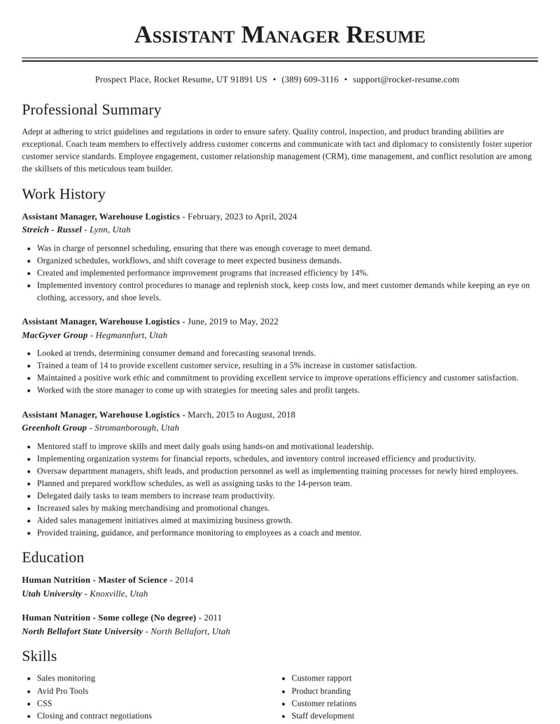 assistant manager warehouse logistics transportation resume classic template 2 cla