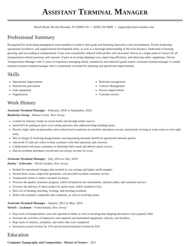 assistant terminal manager transportation resume classic template 0 cla