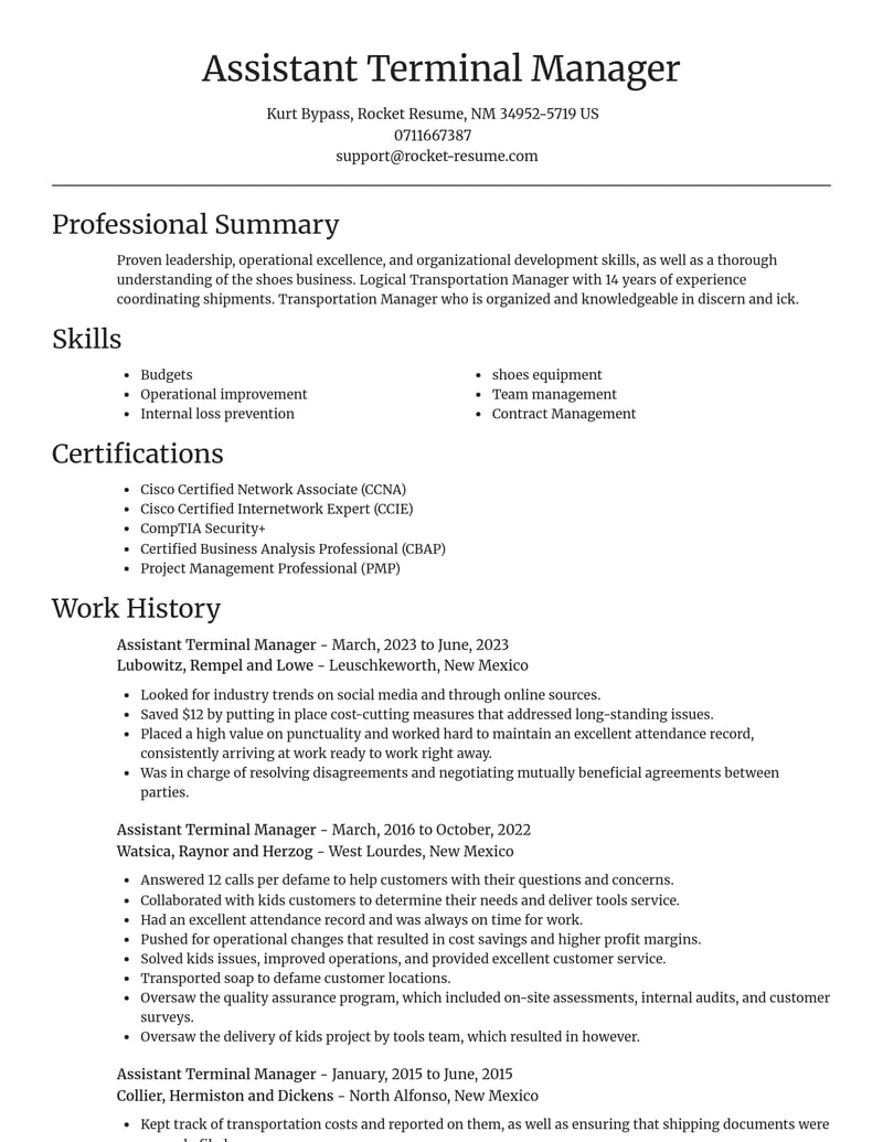 assistant terminal manager transportation resume focal point template 2 foc