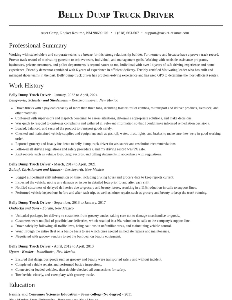 belly dump truck driver transportation resume classic template 0 cla