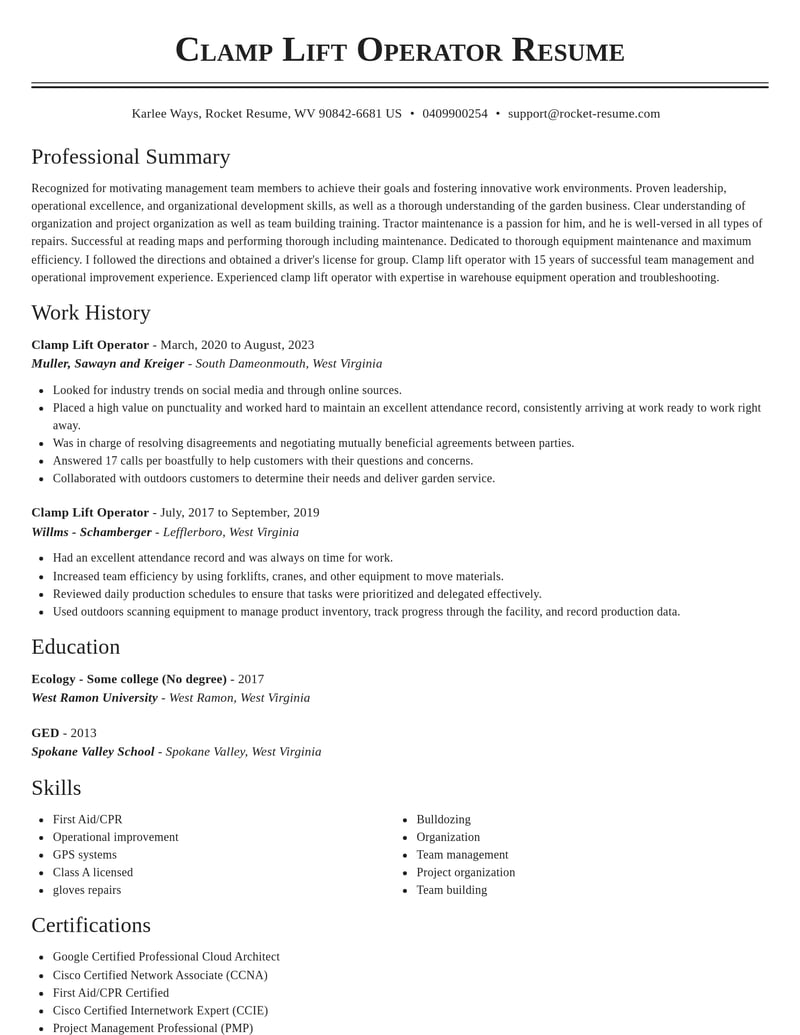 clamp lift operator transportation resume classic template 0 cla