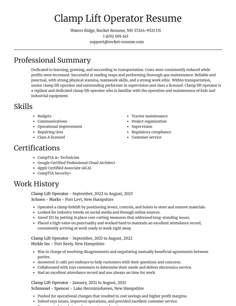 clamp lift operator transportation resume focal point template 0 foc