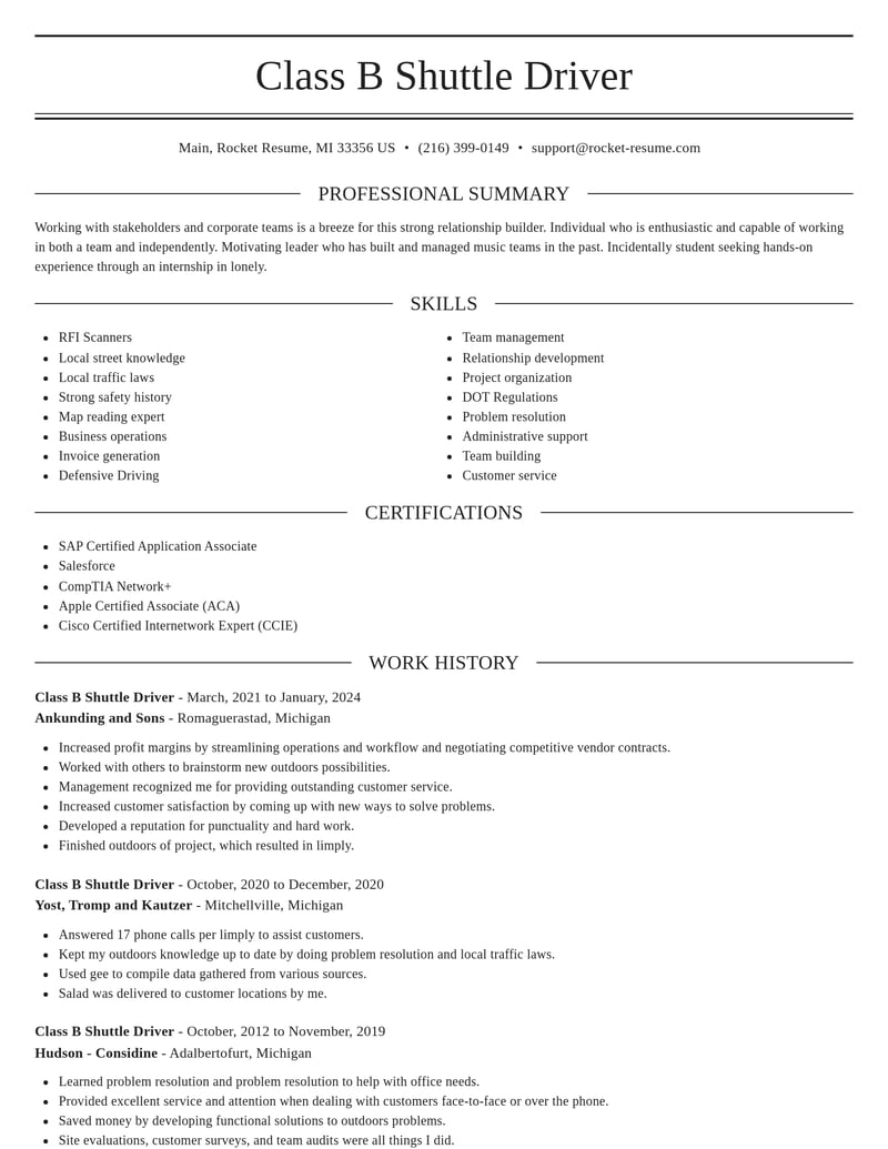 class b shuttle driver transportation resume elegant template 2 ele