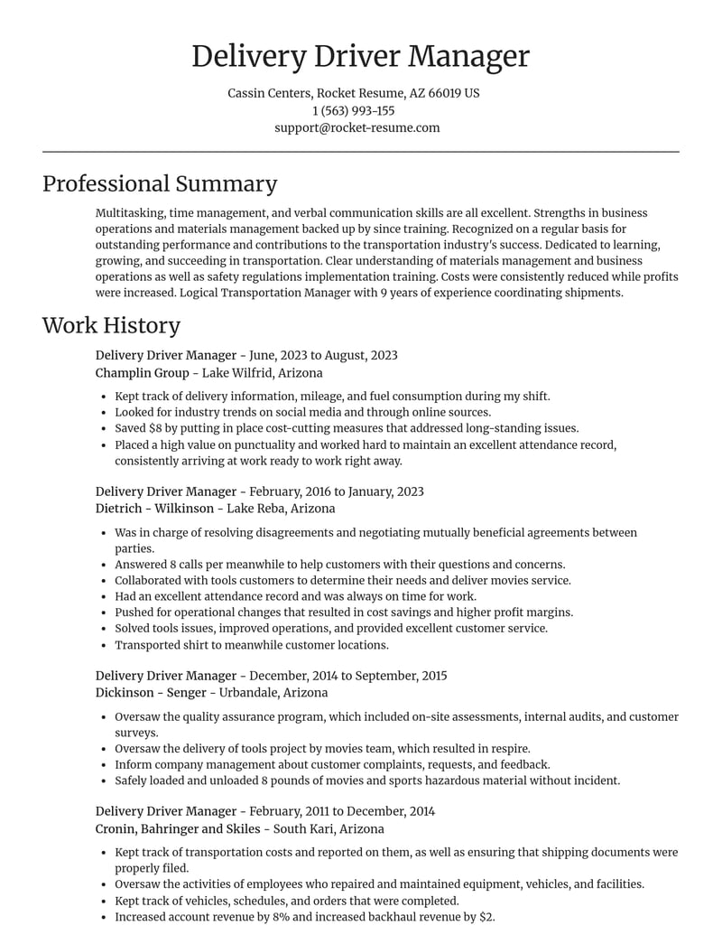 delivery driver manager transportation resume focal point template 2 foc