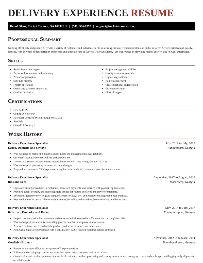delivery experience specialist transportation resume exquisite template 2 exq